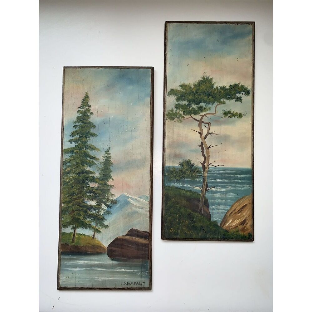 OOAK Antique Oil Paintings On Wood Planks Mountain Lake & Seascape by Davenport